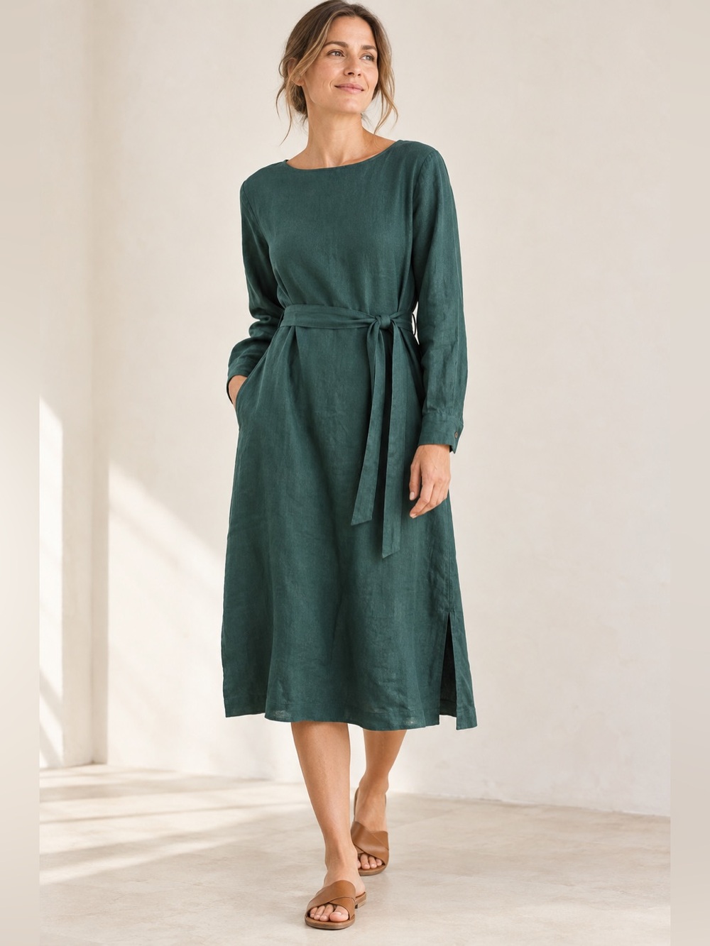 Grae Cove Linen Midi Dress Teal Green Tie-Waist Long Sleeve Dress Pockets L
